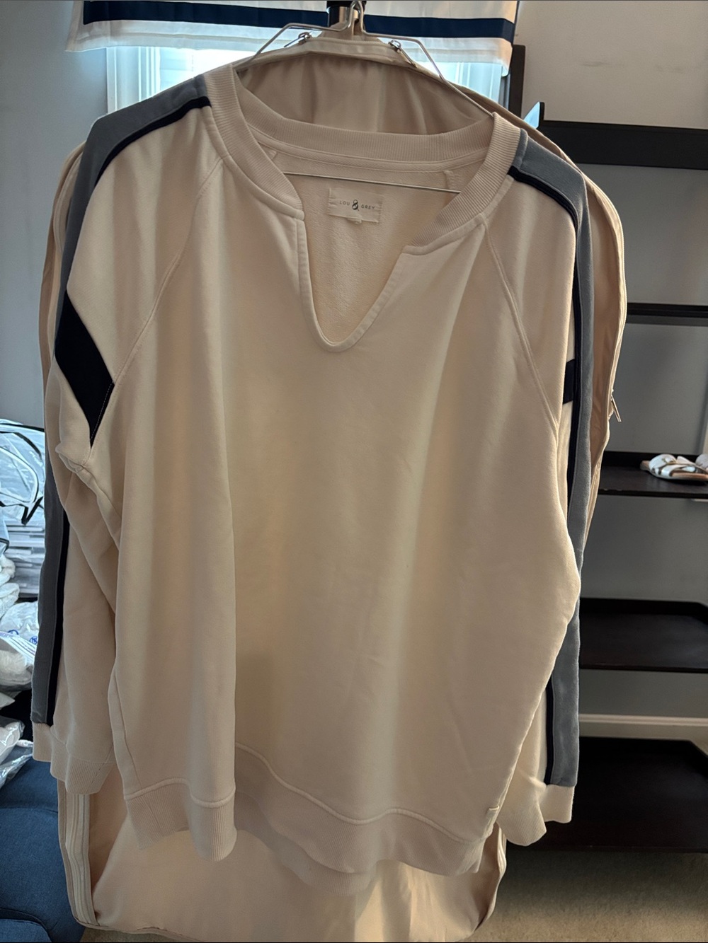 Lou & Grey Cream Crewneck Sweatshirt with Black & Blue Shoulder Stripes